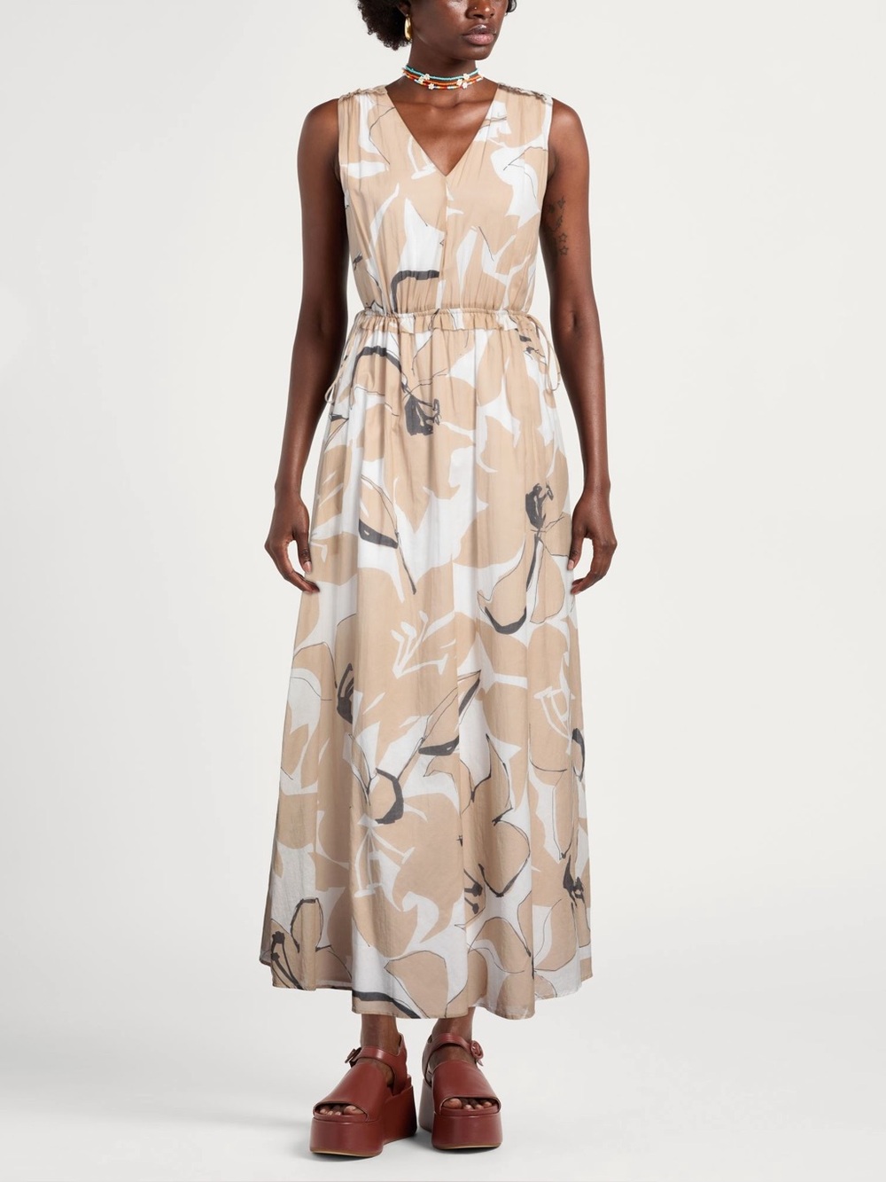 Peserico Women’s size 42 US 6 Beige Floral Sleeveless Cotton Lined Maxi Dress